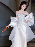 Unique Strapless Sheath Satin Train Wedding Dress Glamour Embroidery Bridal Gown HZ1121