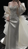 Unique Strapless Sheath Satin Train Wedding Dress Glamour Embroidery Bridal Gown HZ1121
