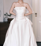Stunning Strapless Long Ball Gowns Satin Floor-length Wedding Dress Simple Bridal Gown HZ1121