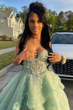 Fairytale Green Spaghetti Strap Quinceanera Dress Tulle Appliques Ball Gowns Sweet 16 Dress HZ1121