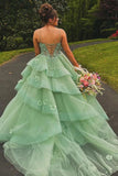 Fairytale Green Spaghetti Strap Quinceanera Dress Tulle Appliques Ball Gowns Sweet 16 Dress HZ1121