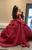 Sweet Burgundy Applique Ball Gowns Tulle Off-the-shoulder Long Quinceanera Dress Glitter Formal Dress HZ1121