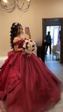 Sweet Burgundy Applique Ball Gowns Tulle Off-the-shoulder Long Quinceanera Dress Glitter Formal Dress HZ1121