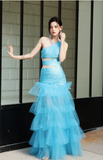 Modest Blue One Shoulder Formal Dress Tulle Mermaid Long Evening Gowns Prom Dresses HZ1121