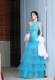 Modest Blue One Shoulder Formal Dress Tulle Mermaid Long Evening Gowns Prom Dresses HZ1121