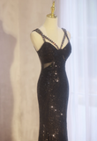Elegant Black Mermaid Evening Gowns Spaghetti Strap Formal Dresses Spark Sequin Sleeveless Long Prom Dresses HZ1121