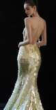 Chic Yellow Mermaid Evening Gowns V Neck Formal Dress Modest Sequin Sleeveless Long Prom Dresses HZ1121