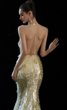 Chic Yellow Mermaid Evening Gowns V Neck Formal Dress Modest Sequin Sleeveless Long Prom Dresses HZ1121