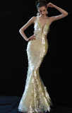 Chic Yellow Mermaid Evening Gowns V Neck Formal Dress Modest Sequin Sleeveless Long Prom Dresses HZ1121