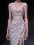 Light Champagne Glitter Tulle Sheath Evening Gowns Gorgeous Beaded Slit Formal Dresses Sparkly Sequin Sleeveless Long Prom Dresses HZ1121