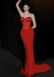 Glamour Red Mermaid Evening Gown Sweetheart Neck Formal Dress Satin Chiffon Modest Long Prom Dresses HZ1121