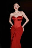 Glamour Red Mermaid Evening Gown Sweetheart Neck Formal Dress Satin Chiffon Modest Long Prom Dresses HZ1121