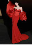 Glamour Red Mermaid Evening Gown Sweetheart Neck Formal Dress Satin Chiffon Modest Long Prom Dresses HZ1121