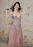 Modest Sweetheart Neck Formal Dress Pink Tulle Sequins Evening Gown Sparkly 16th Birthday Dress HZ1121