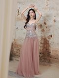 Modest Sweetheart Neck Formal Dress Pink Tulle Sequins Evening Gown Sparkly 16th Birthday Dress HZ1121