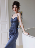 Elegant Spaghetti Straps Navy Blue Formal Dress Satin Bodycon Evening Gown Simple Backless Long Party Dress HZ1121