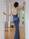 Elegant Spaghetti Straps Navy Blue Formal Dress Satin Bodycon Evening Gown Simple Backless Long Party Dress HZ1121
