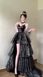 Sparkly Black Spaghetti Strap Sheath Tulle Short Train Evening Dress HZ1121