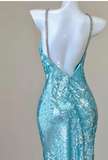 Sparkly Sequin Halter Blue Mermaid Evening Gowns Elegant Open Back Prom Dresses HZ1121