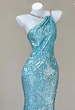 Sparkly Sequin Halter Blue Mermaid Evening Gowns Elegant Open Back Prom Dresses HZ1121