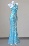 Sparkly Sequin Halter Blue Mermaid Evening Gowns Elegant Open Back Prom Dresses HZ1121
