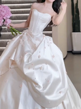 Modest White Strapless Long Ball Gown Elegant Wedding Dress Simple Quinceanera Dress HZ1121