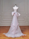 Modest Pink Spaghetti Strap Evening Dresses Mermaid Tulle with Bow Beading Long Prom Dresses Graduation Dresses HZ1121