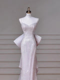 Modest Pink Spaghetti Strap Evening Dresses Mermaid Tulle with Bow Beading Long Prom Dresses Graduation Dresses HZ1121