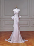Modest Pink Spaghetti Strap Evening Dresses Mermaid Tulle with Bow Beading Long Prom Dresses Graduation Dresses HZ1121