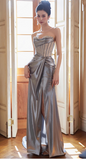 Elegant Silver Grey Sweetheart Sheath Long Evening Gowns Beaded Slit Graduation Dresses HZ1121