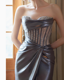 Elegant Silver Grey Sweetheart Sheath Long Evening Gowns Beaded Slit Graduation Dresses HZ1121