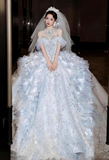 Unique Off-the-shoulder Bridal Dress with Tulle Appliques Ball Gown in Light Blue Sequin Long Wedding Dresses Luxury Floor Length Bridal Gowns HZ1121