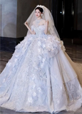 Unique Off-the-shoulder Bridal Dress with Tulle Appliques Ball Gown in Light Blue Sequin Long Wedding Dresses Luxury Floor Length Bridal Gowns HZ1121