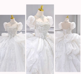 Sparkly White Square Neck Bridal Dress Tulle Beaded Ball Gown Short Sleeve Long Wedding Dresses Luxury Floor Length Applique Bridal Gowns HZ1121