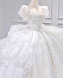 Sparkly White Square Neck Bridal Dress Tulle Beaded Ball Gown Short Sleeve Long Wedding Dresses Luxury Floor Length Applique Bridal Gowns HZ1121