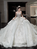 Sparkly Beaded Wedding Dresses Tulle Strapless Ball Gown Elegant White Bridal Dress Stunning Bridal Gowns HZ1121