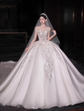 Modest White Sweetheart Neck Wedding Dresses Tulle Beaded Applique Ball Gown Elegant Bridal Dress Elegant Bridal Gowns HZ1121