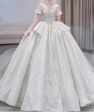 Modest White Wedding Dresses Tulle Sparkly Ball Gown Elegant Bridal Dress Beaded Short Sleeve Bridal Gowns HZ1121