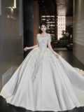 Modest White Wedding Dresses Tulle Sparkly Ball Gown Elegant Bridal Dress Beaded Short Sleeve Bridal Gowns HZ1121
