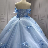 Gorgeous Sky Blue Off-the-shoulder Tulle Long Ball Gown with Flower Sweet 16 Birthday Dress Cute Quinceanera Dress HZ1121