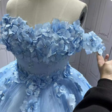 Gorgeous Sky Blue Off-the-shoulder Tulle Long Ball Gown with Flower Sweet 16 Birthday Dress Cute Quinceanera Dress HZ1121