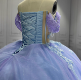 Gorgeous Purple Off-the-shoulder Tulle Long Ball Gown Appliques Sweet16th Birthday Dress Cute Quinceanera Dress HZ1121