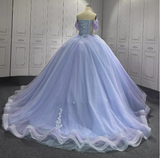 Gorgeous Purple Off-the-shoulder Tulle Long Ball Gown Appliques Sweet16th Birthday Dress Cute Quinceanera Dress HZ1121