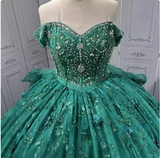 Gorgeous Dark Green Off-the-Shoulder Tulle Long Ball Gown Appliques Sweet 16th Birthday Dress Cute Beaded Sequin Quinceanera Dress HZ1121