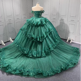 Gorgeous Dark Green Off-the-Shoulder Tulle Long Ball Gown Appliques Sweet 16th Birthday Dress Cute Beaded Sequin Quinceanera Dress HZ1121