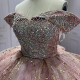 Gorgeous Rose Gold Off-the-shoulder Tulle Long Ball Gown Sparkly Sweet16th Birthday Dress Cute Beaded Sequins Quinceanera Dress HZ1121