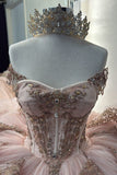 Gorgeous Pink Strapless Tulle Long Ball Gown Sweet Appliques Rhinestone Beadings 16th Birthday Dress Cute Quinceanera Dress HZ1121