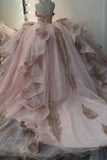 Gorgeous Pink Strapless Tulle Long Ball Gown Sweet Appliques Rhinestone Beadings 16th Birthday Dress Cute Quinceanera Dress HZ1121
