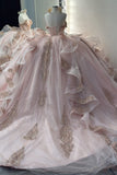 Gorgeous Pink Strapless Tulle Long Ball Gown Sweet Appliques Rhinestone Beadings 16th Birthday Dress Cute Quinceanera Dress HZ1121