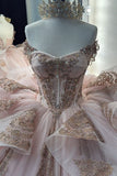 Gorgeous Pink Strapless Tulle Long Ball Gown Sweet Appliques Rhinestone Beadings 16th Birthday Dress Cute Quinceanera Dress HZ1121